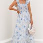 Sky Blue Floral Smocked High Waist Double Ruffle Sleeveless Long Dress