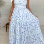 Sky Blue Floral Smocked Tied Straps A-Lined Tiered Maxi Dress