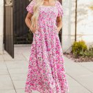 Pink Dainty Floral Smocked Puff Sleeve Flowy Long Dress