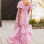 Pink Dainty Floral Smocked Puff Sleeve Flowy Long Dress