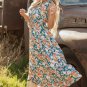 Green Floral Print Trimmed V Neck Tie Waist Sleeveless Holiday Long Dress