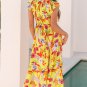 Yellow Cheetah Plant Print Shirred Button V Neck Maxi Dress