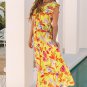 Yellow Cheetah Plant Print Shirred Button V Neck Maxi Dress