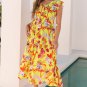 Yellow Cheetah Plant Print Shirred Button V Neck Maxi Dress