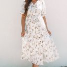 Khaki Floral Puff Sleeve V Neck Buttoned Front Maxi Dress