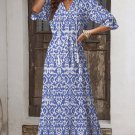 Sky Blue Geometric Print V Neck Casual Long Dress