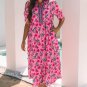 Pink Floral Contrast Neckline A-line Puff Sleeve Long Dress