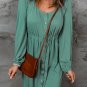 Green Button Up High Waist Long Sleeve Dress