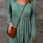 Green Button Up High Waist Long Sleeve Dress