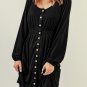 Black Button Up High Waist Long Sleeve Dress