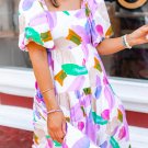 Purple Abstract Print Puff Sleeve Smocked Back Midi Dress