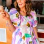 Purple Abstract Print Puff Sleeve Smocked Back Midi Dress