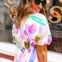 Purple Abstract Print Puff Sleeve Smocked Back Midi Dress