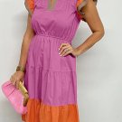 Bonbon Color Block Tiered Notched Neck Ruffle Sleeve Dress