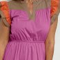 Bonbon Color Block Tiered Notched Neck Ruffle Sleeve Dress