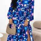 Blue Floral Peasant Sleeve Tiered Ruffle Midi Dress