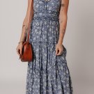 Blue Floral Spaghetti Strap Frilled V Neck Tiered Midi Dress
