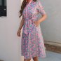Pink Floral Shirred Puff Sleeve Buttoned Front Midi Dress with Sash