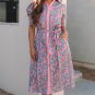 Pink Floral Shirred Puff Sleeve Buttoned Front Midi Dress with Sash