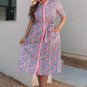 Pink Floral Shirred Puff Sleeve Buttoned Front Midi Dress with Sash