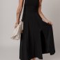Black Sleeveless Scoop Neck Flared Split Midi Dress
