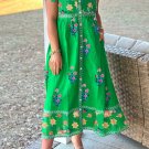 Green Floral Print Contrast Trim Knotted Straps Midi Dress