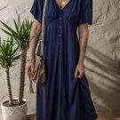 Navy Blue V Neck Buttoned Front Shirred Back Short Sleeve Midi Dress