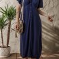 Navy Blue V Neck Buttoned Front Shirred Back Short Sleeve Midi Dress