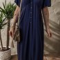 Navy Blue V Neck Buttoned Front Shirred Back Short Sleeve Midi Dress