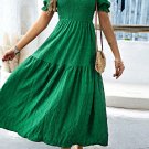 Dark Green Solid Textured Smocked Puff Short Sleeve High Waist Long Dress