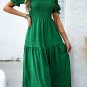 Dark Green Solid Textured Smocked Puff Short Sleeve High Waist Long Dress