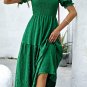 Dark Green Solid Textured Smocked Puff Short Sleeve High Waist Long Dress