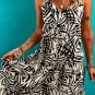 Khaki Tropical Palm Print Wrapped V Neck Spaghetti Straps Tiered Dress