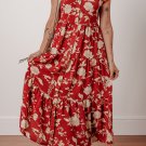 Red Floral Print Buttoned Front V Neck Tiered Short Sleeve Midi Dress