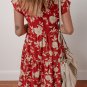 Red Floral Print Buttoned Front V Neck Tiered Short Sleeve Midi Dress