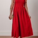 Racing Red Textured Shirred Ruffled Trim Spaghetti Strap Midi Dress