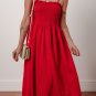 Racing Red Textured Shirred Ruffled Trim Spaghetti Strap Midi Dress