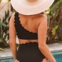 Black Solid Scalloped One-Shoulder Bikini