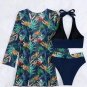 Black 3pcs Tropical Contrast Trim Halter Bikini Set with Cover up