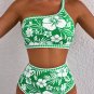 Green Floral Print One Shoulder High Waist Bikini Set
