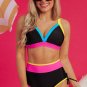 Black Color Block Drawstring Side V Neck High Waist Bikini Set