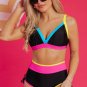 Black Color Block Drawstring Side V Neck High Waist Bikini Set