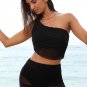 Black Pleated Mesh One Shoulder Bikini Top and Skirts Set