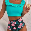 Green Solid Ruffled Square Neck Swim Top and Floral Shorts Bikini Set