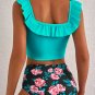 Green Solid Ruffled Square Neck Swim Top and Floral Shorts Bikini Set