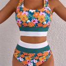 Green Floral Print Racerback Cutout High Waist 2pcs Bikini