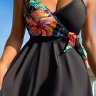 Black Floral Print Wrapped Spaghetti Straps Tankini Set