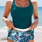 Green Drawstring Tummy Control Mix-and-match 2pcs Tankini Swimsuit