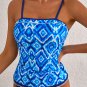Navy Blue Abstract Print Frilled Trim Spaghetti Straps Tankini Set
