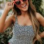 Leopard Ruffled Square Neck Peplum Swim Top